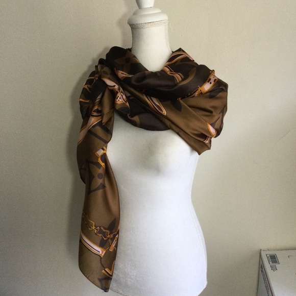 LV Silk Scarf Shawl Lock and Chain Brown Tan Print - Picture 3 of 6